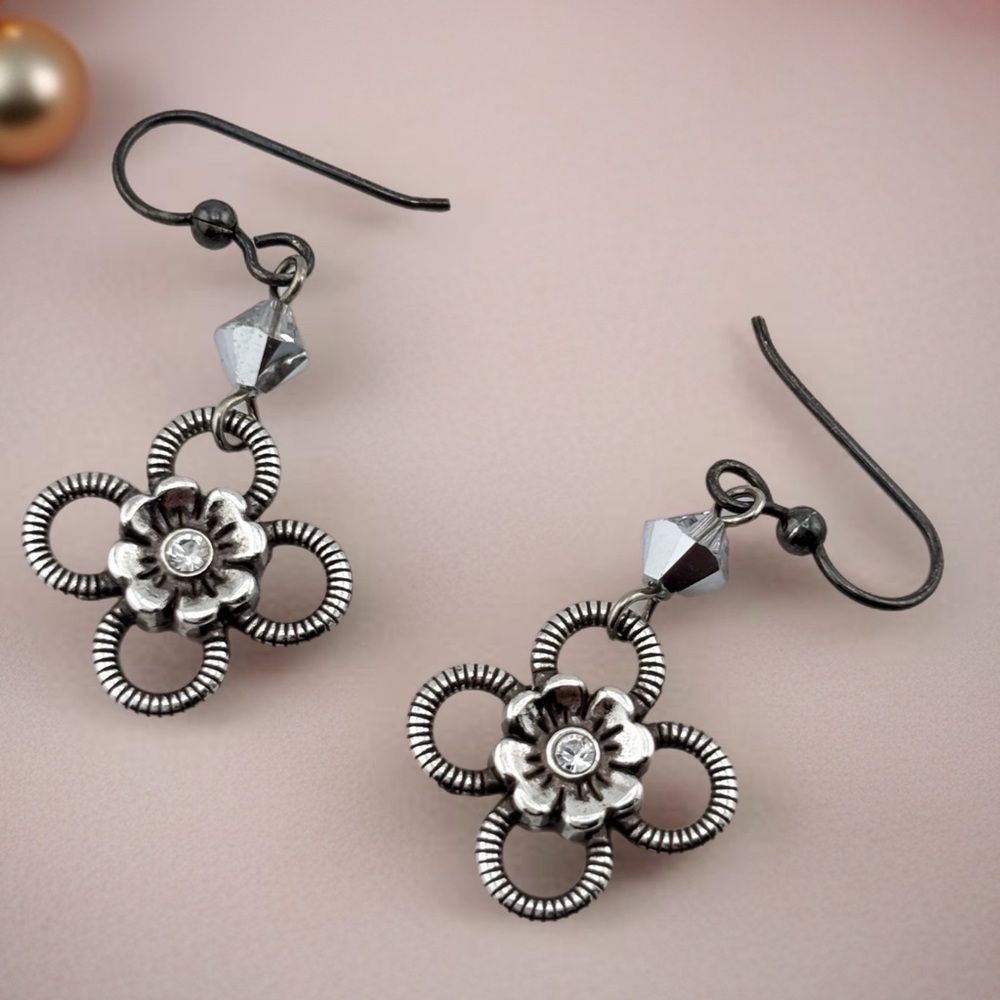 Brighton Elegant Silver Plated Floral Earrings.  Crystal in the middle